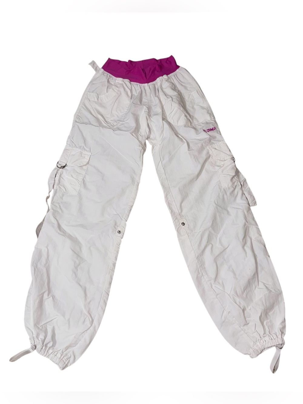 Zumba Women's Cargo Joggers L Large White Pink Solid Elastic Waist Pockets Logo